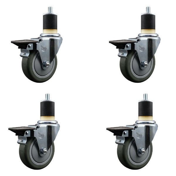 4'' Gray Poly Swivel 1-7/8'' Expanding Stem Caster Set with Brake, 4PK